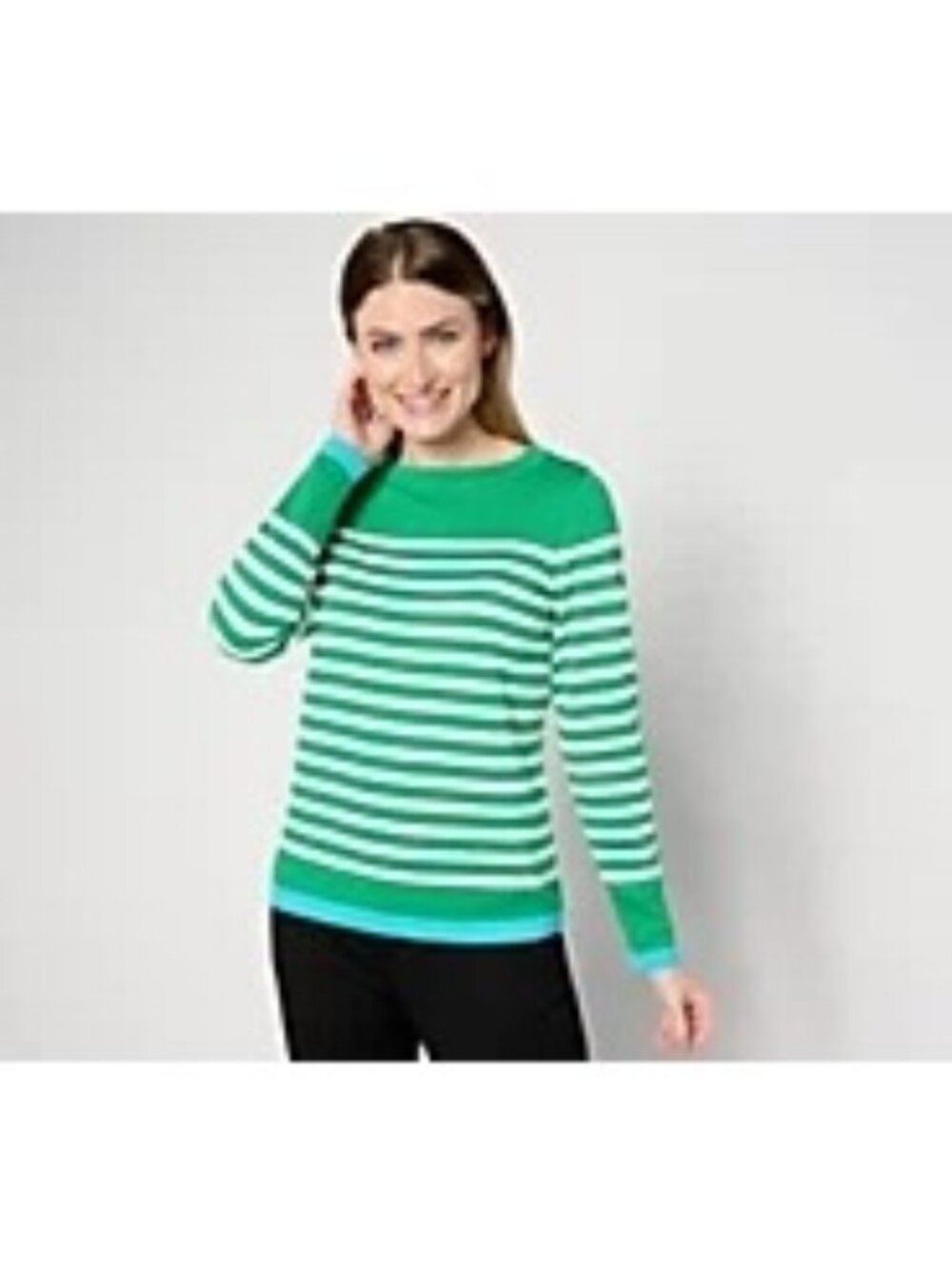 Belle by Kim Gravel Nautical Stripe Sweater with Pop Hem Green 1X